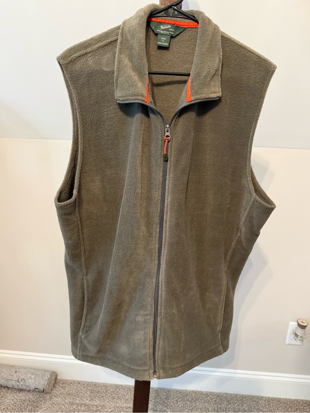 Woolrich Olive Green Fleece Vest with Orange Trim